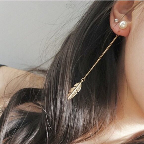 Boho Pearl Feather Dangle Gold Indie Earrings - Picture 6 of 6
